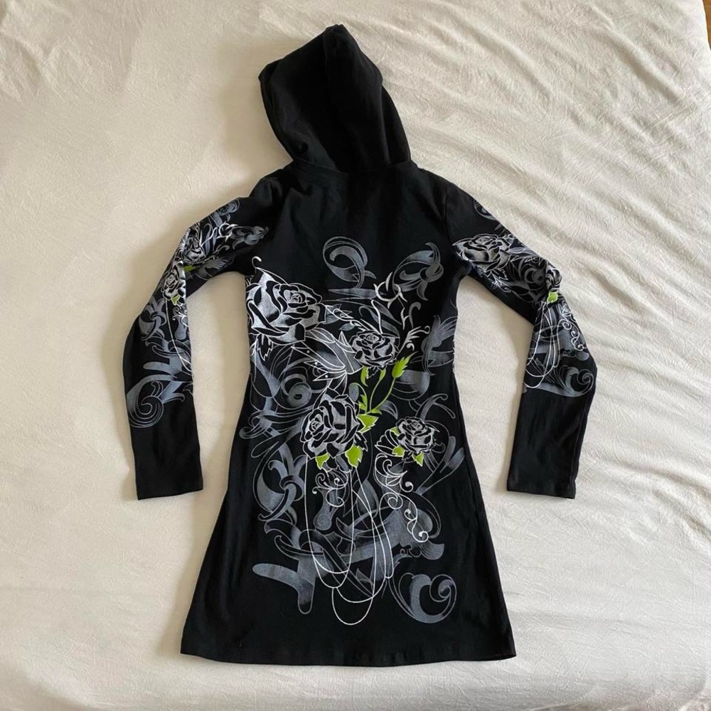 Y2k long sleeve hooded mini dress with rhinestones rose & tribal pattern - Picture 7 of 8